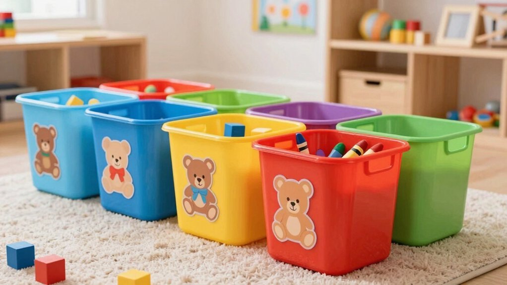 color coded labeled bins for quick cleanup