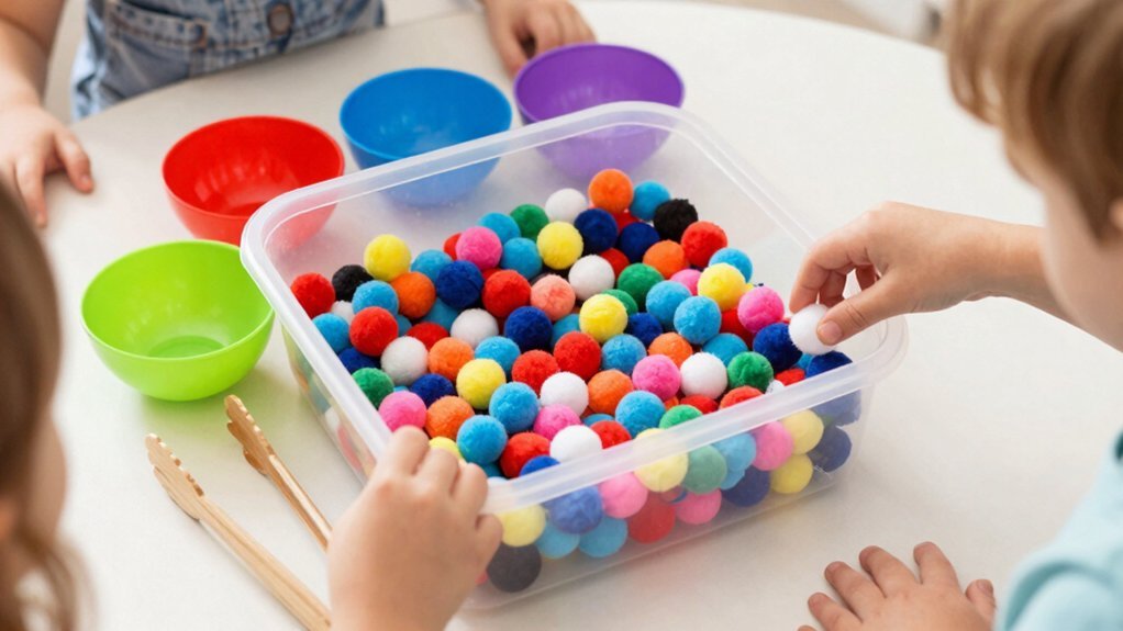 diy color sorting pom pom sensory bin