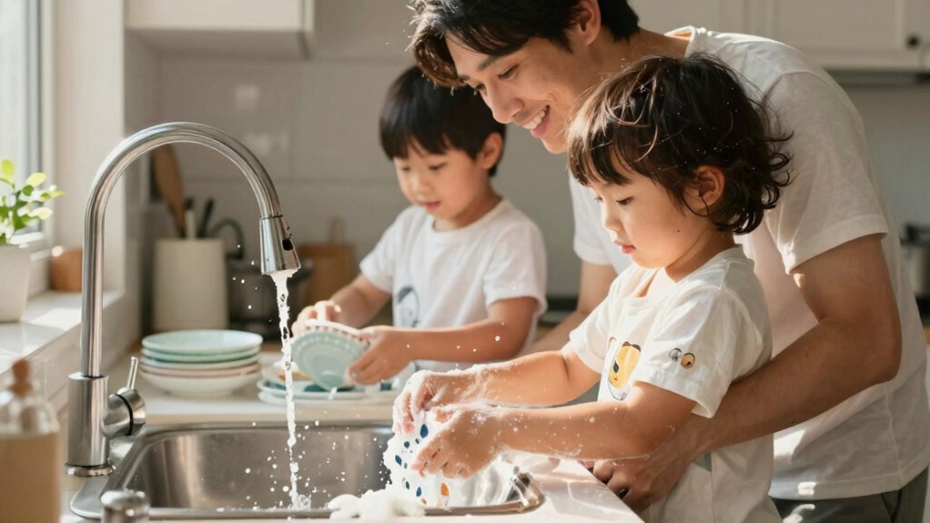 model hard work by doing chores together