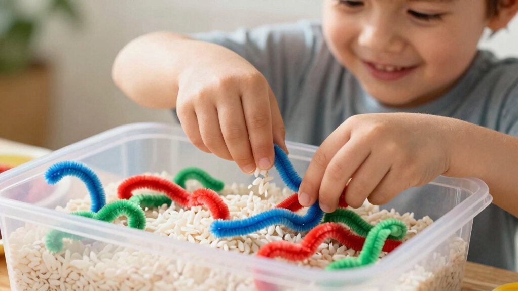 rice and pipe cleaner sensory bin dexterity scent textures self view